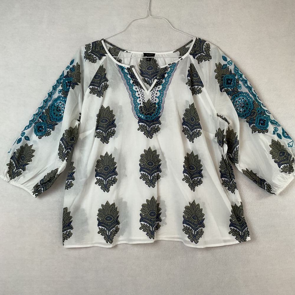 Talbots Plus Petite 1XP Cotton Embroidered Eyelet Floral Blouse White Teal Olive
